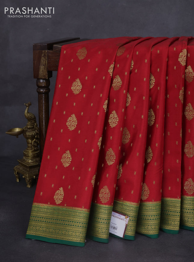 Pure mysore silk saree red and green with allover zari woven buttas and zari woven border