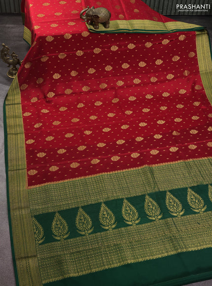 Pure mysore silk saree red and green with allover zari woven buttas and zari woven border