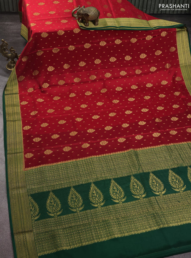 Pure mysore silk saree red and green with allover zari woven buttas and zari woven border