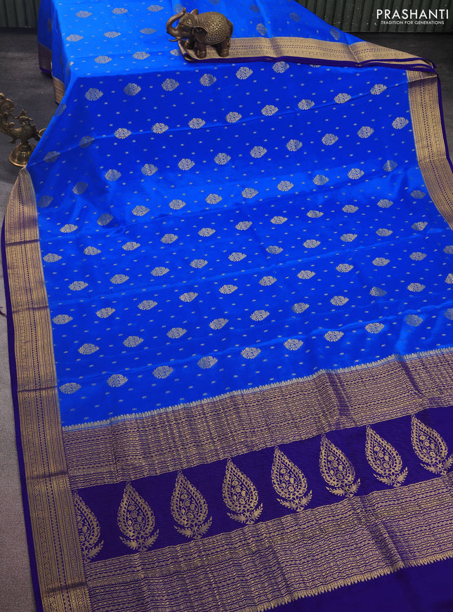 Pure mysore silk saree cs blue and blue with allover zari woven buttas and zari woven border