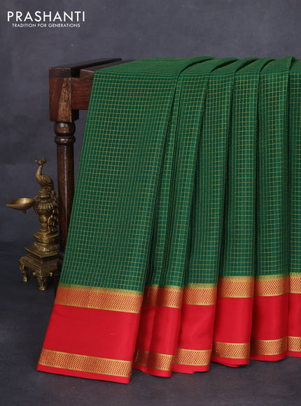 Pure mysore silk saree green and red with allover zari checked pattern and rettapet zari woven border