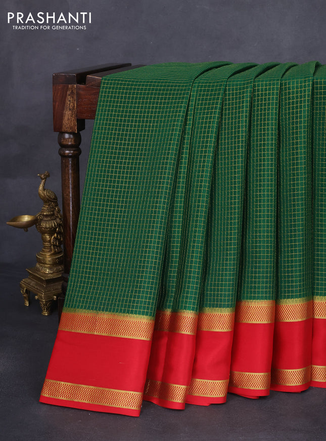 Pure mysore silk saree green and red with allover zari checked pattern and rettapet zari woven border