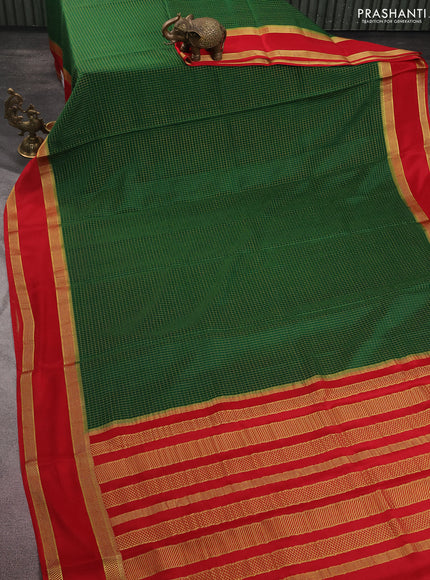 Pure mysore silk saree green and red with allover zari checked pattern and rettapet zari woven border