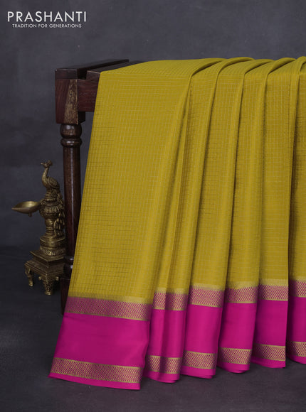 Pure mysore silk saree mustard yellow and pink with allover zari checked pattern and rettapet zari woven border