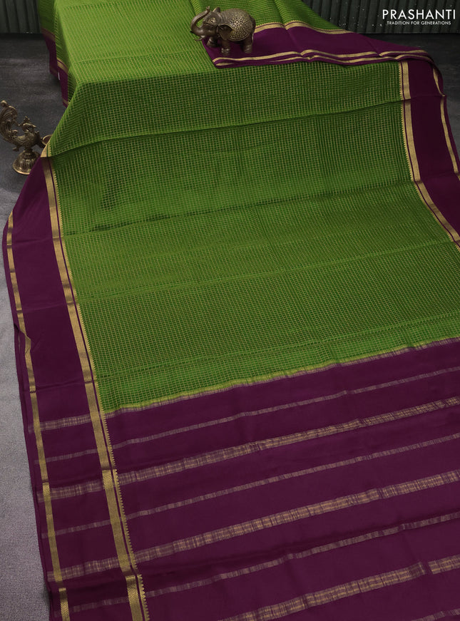 Pure mysore silk saree green and wine shade with allover zari checked pattern and rettapet zari woven border
