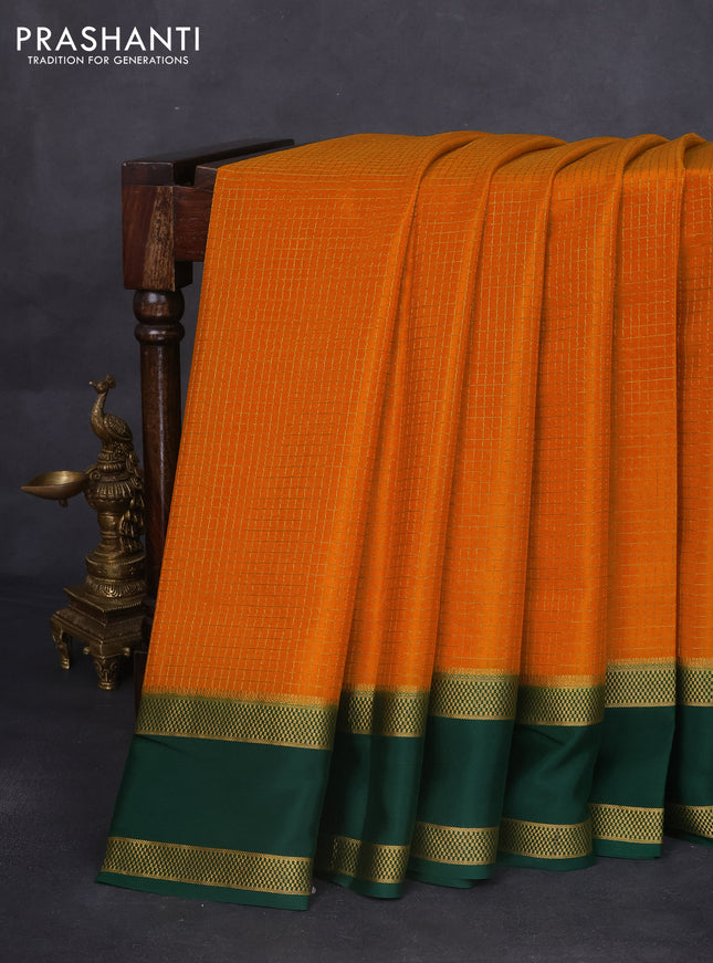 Pure mysore silk saree mustard yellow and dark green with allover zari checked pattern and rettapet zari woven border