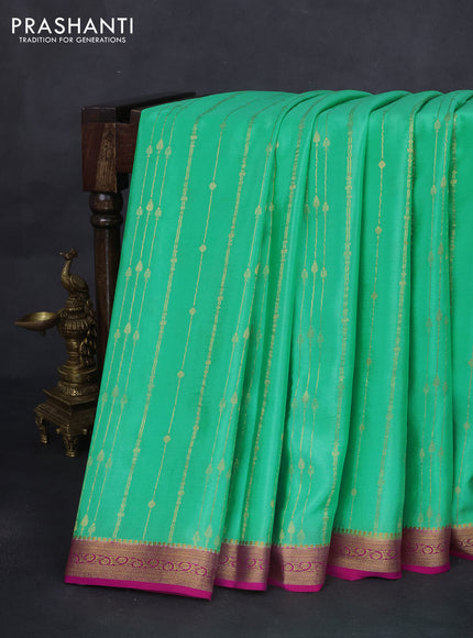 Pure mysore silk saree teal green shade and pink with allover zari weaves and zari woven border