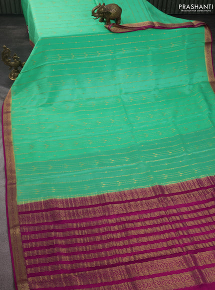 Pure mysore silk saree teal green shade and pink with allover zari weaves and zari woven border