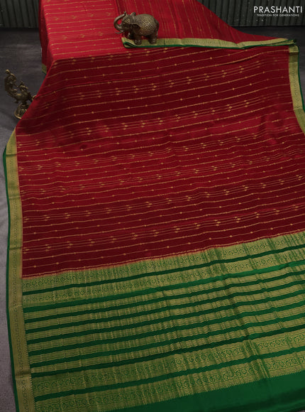 Pure mysore silk saree red and green with allover zari weaves and zari woven border
