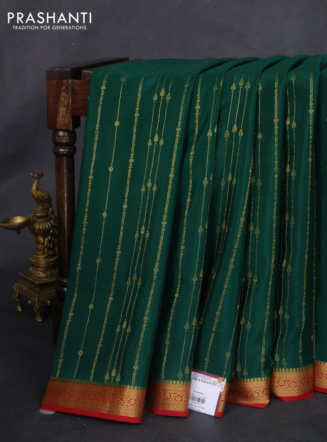 Pure mysore silk saree bottle green and red with allover zari weaves and zari woven border