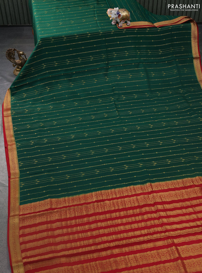 Pure mysore silk saree bottle green and red with allover zari weaves and zari woven border
