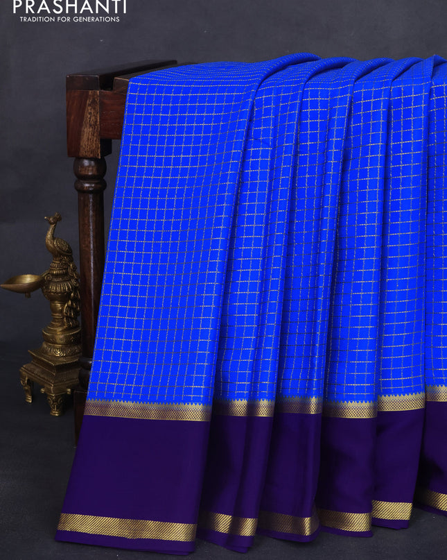 Pure mysore silk saree blue and violet shade with allover zari checked pattern and long rettapet zari woven border