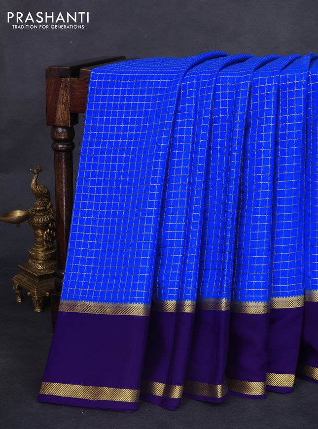Pure mysore silk saree blue and violet shade with allover zari checked pattern and long rettapet zari woven border