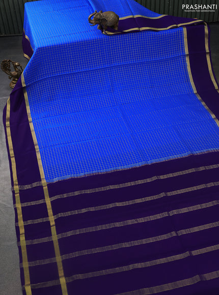 Pure mysore silk saree blue and violet shade with allover zari checked pattern and long rettapet zari woven border