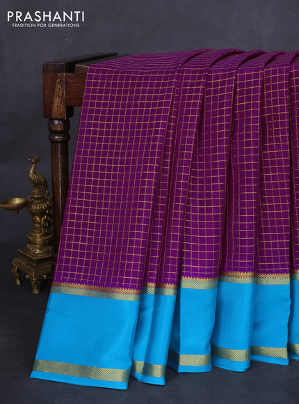 Pure mysore silk saree purple and cs blue with allover zari checked pattern and long rettapet zari woven border