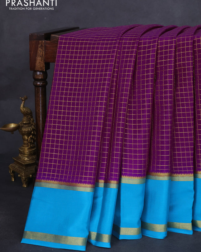 Pure mysore silk saree purple and cs blue with allover zari checked pattern and long rettapet zari woven border