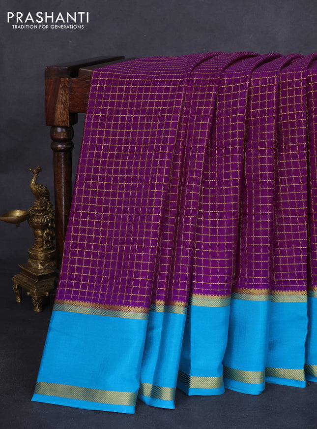 Pure mysore silk saree purple and cs blue with allover zari checked pattern and long rettapet zari woven border