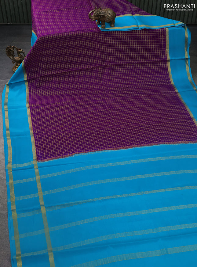 Pure mysore silk saree purple and cs blue with allover zari checked pattern and long rettapet zari woven border