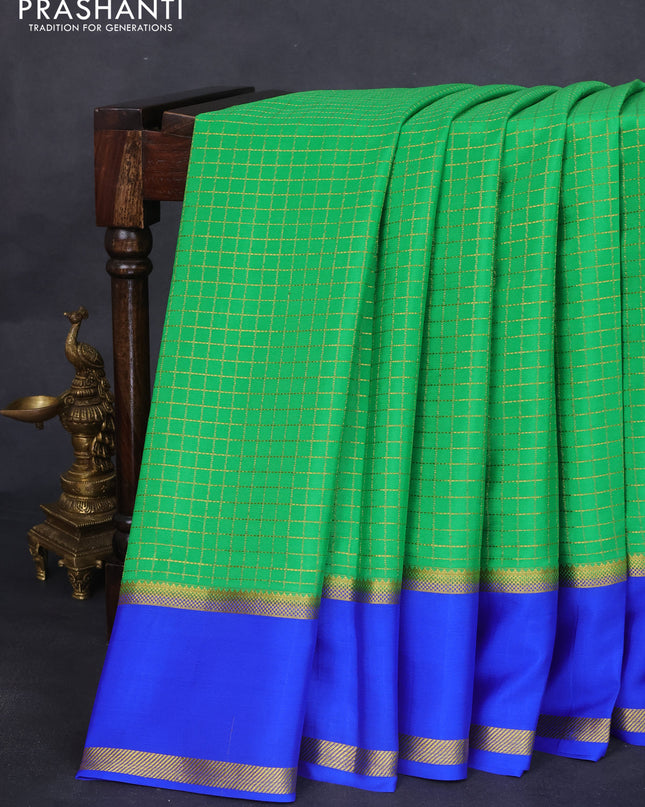 Pure mysore silk saree green and royal blue with allover zari checked pattern and long rettapet zari woven border