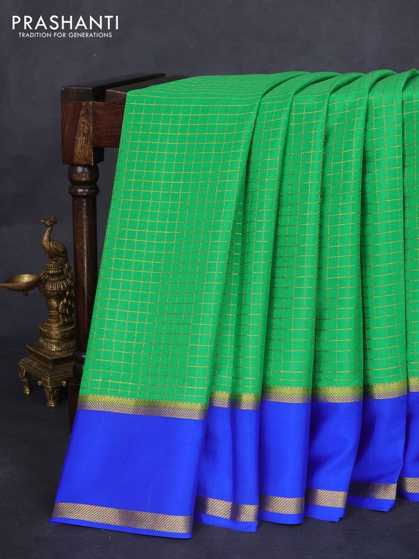 Pure mysore silk saree green and royal blue with allover zari checked pattern and long rettapet zari woven border