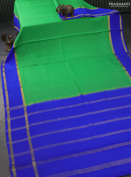 Pure mysore silk saree green and royal blue with allover zari checked pattern and long rettapet zari woven border