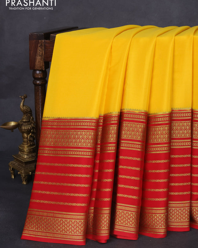 Pure mysore silk saree yellow and red with plain body and long zari woven border