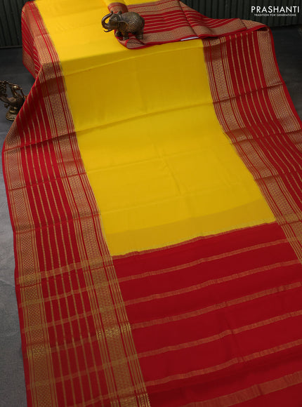 Pure mysore silk saree yellow and red with plain body and long zari woven border