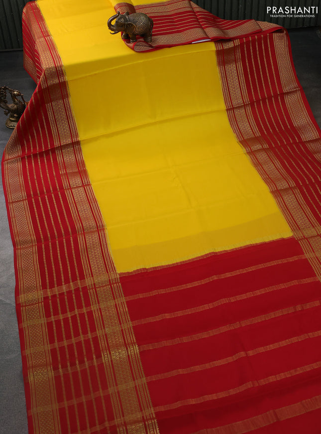 Pure mysore silk saree yellow and red with plain body and long zari woven border