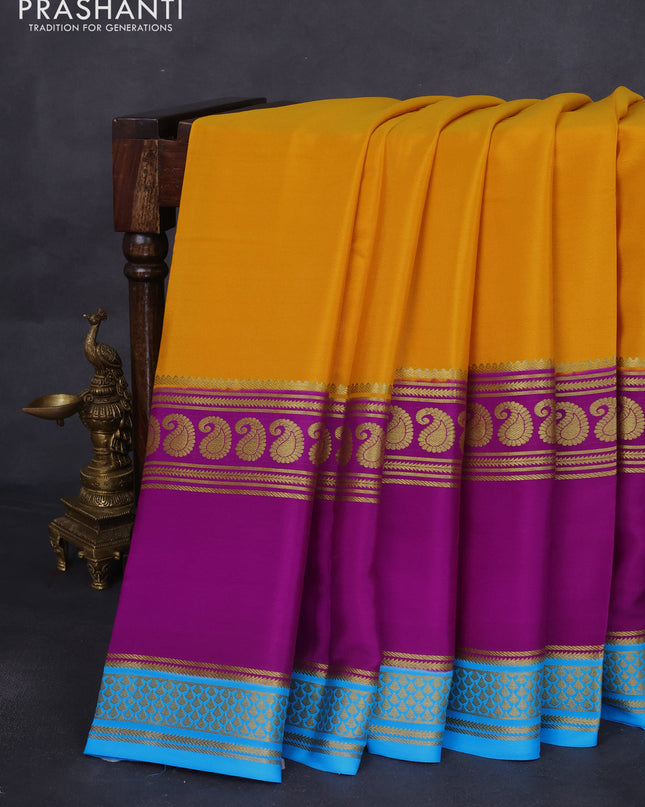 Pure mysore silk saree mustard yellow and purple cs blue with plain body and long rettapet zari woven border