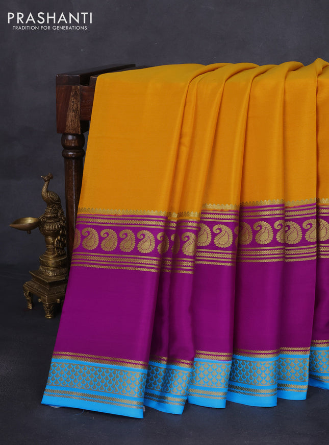 Pure mysore silk saree mustard yellow and purple cs blue with plain body and long rettapet zari woven border