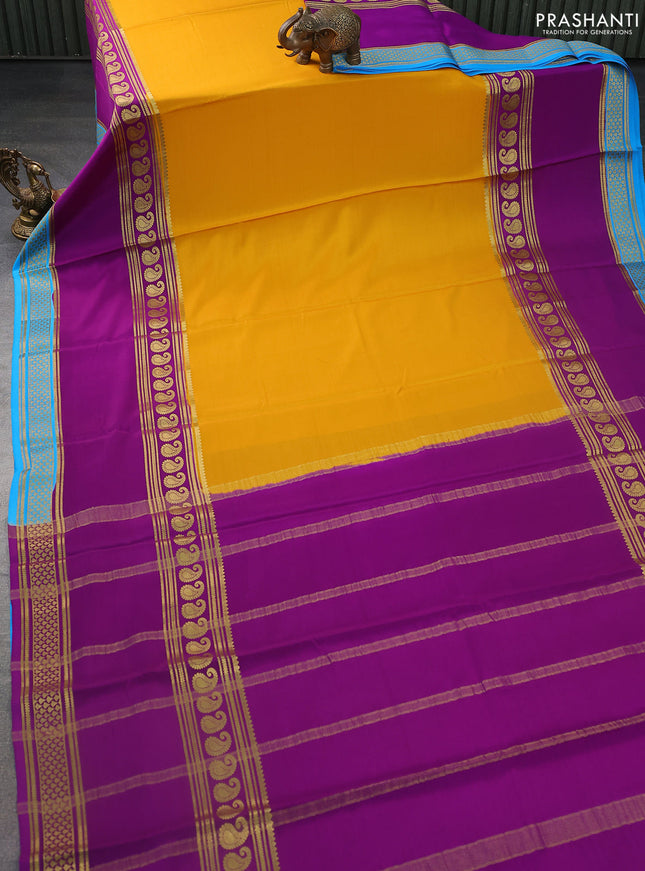Pure mysore silk saree mustard yellow and purple cs blue with plain body and long rettapet zari woven border