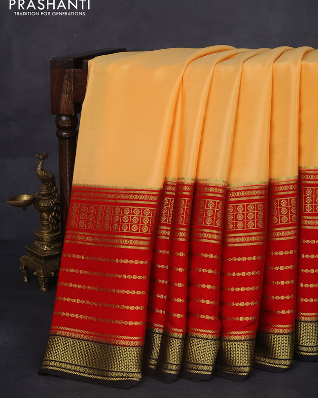 Pure mysore silk saree sandal and red black with plain body and long zari woven border