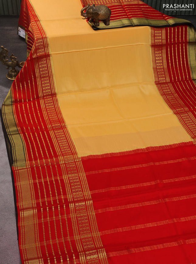 Pure mysore silk saree sandal and red black with plain body and long zari woven border