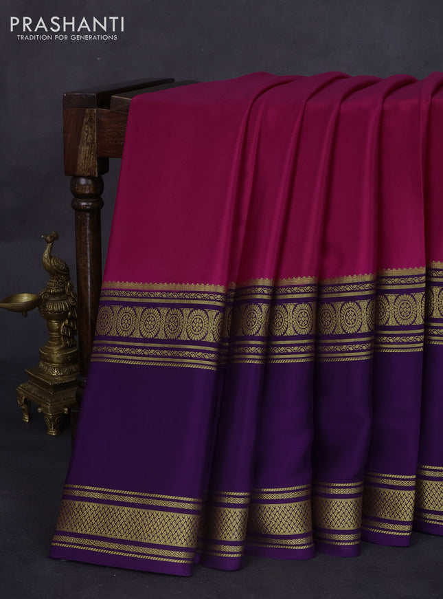 Pure mysore silk saree pink and violet with plain body and long rettapet zari woven border