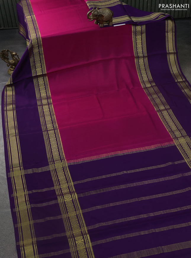 Pure mysore silk saree pink and violet with plain body and long rettapet zari woven border