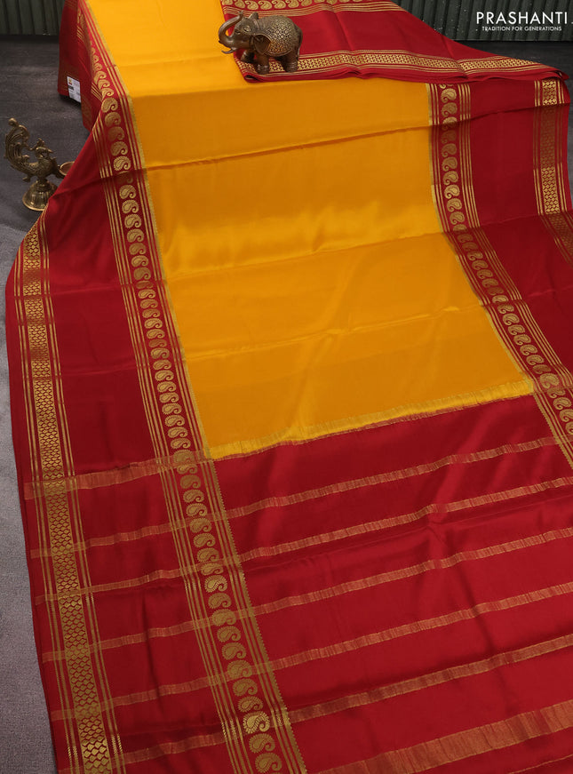 Pure mysore silk saree mango yellow and maroon with plain body and long rettapet zari woven border