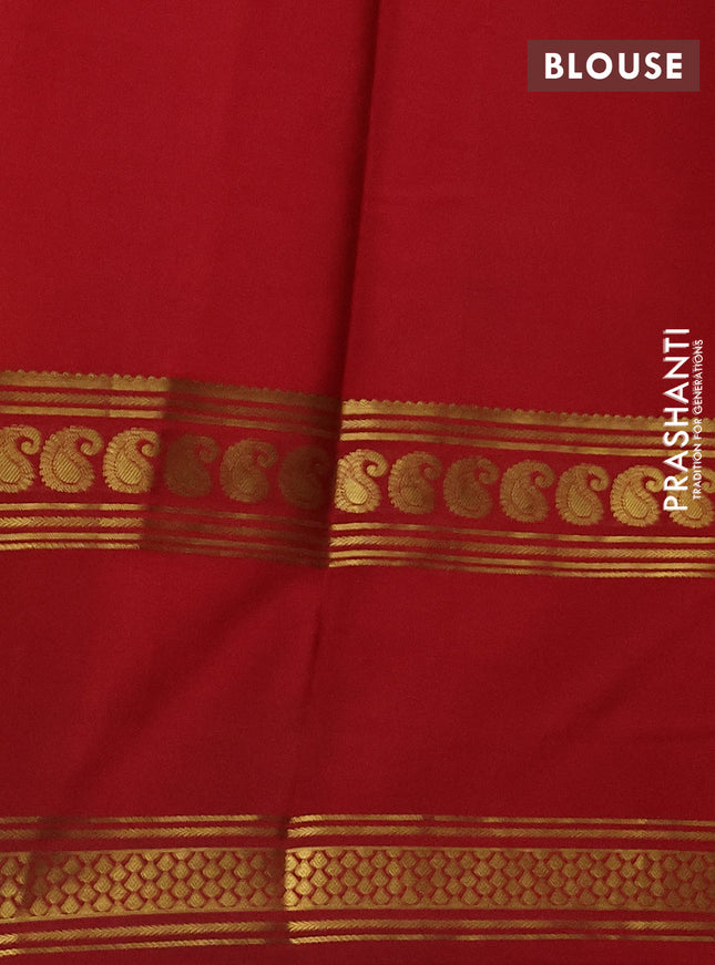 Pure mysore silk saree mango yellow and maroon with plain body and long rettapet zari woven border