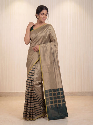 Banarasi tissue partly saree gold and green with plain body and piping border