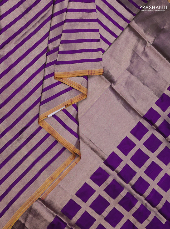 Banarasi tissue partly saree rose gold and purple with plain body and piping border