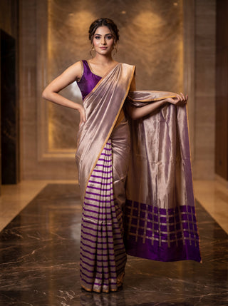 Banarasi tissue partly saree rose gold and purple with plain body and piping border