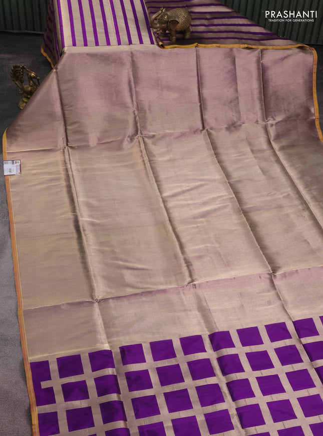 Banarasi tissue partly saree rose gold and purple with plain body and piping border