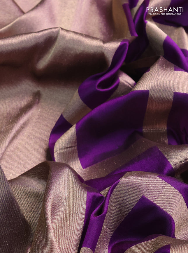 Banarasi tissue partly saree rose gold and purple with plain body and piping border