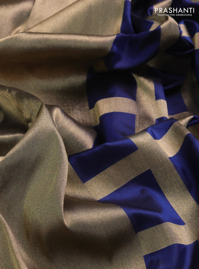 Banarasi tissue partly saree gold and navy blue with plain body and piping border