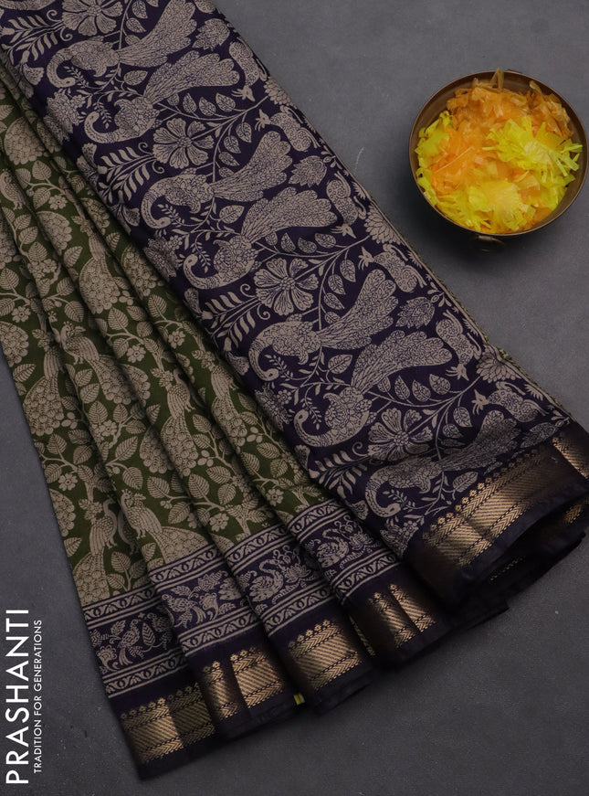Semi maheshwari cotton saree sap green and deep jamun with allover kalamkari prints and zari woven border