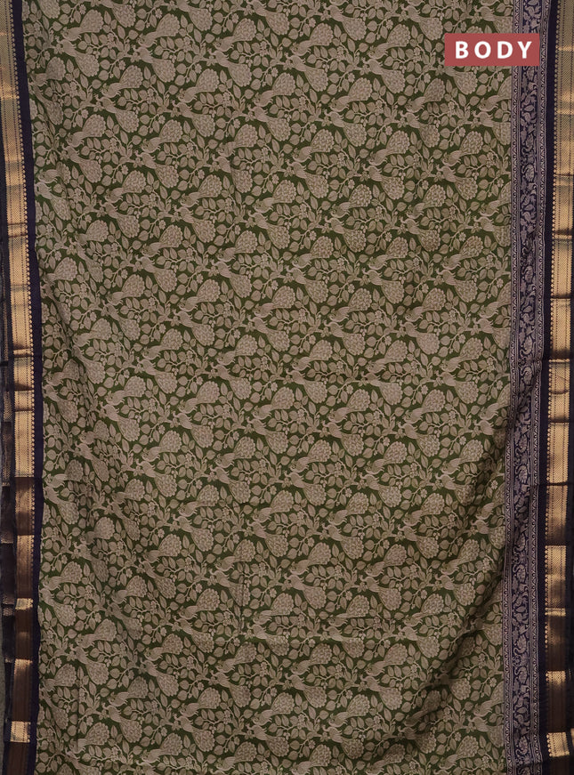 Semi maheshwari cotton saree sap green and deep jamun with allover kalamkari prints and zari woven border