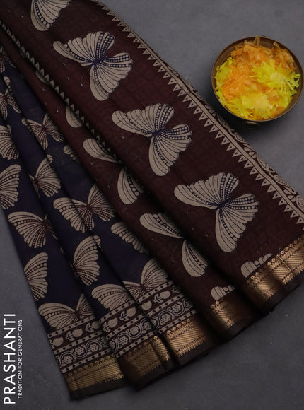 Semi maheshwari cotton saree navy blue and coffee brown with allover butterfly butta prints and zari woven border