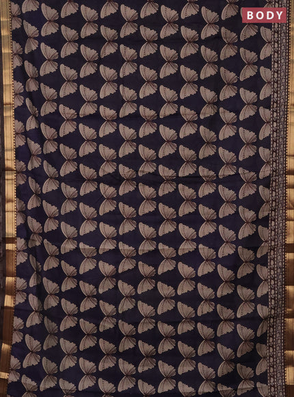 Semi maheshwari cotton saree navy blue and coffee brown with allover butterfly butta prints and zari woven border