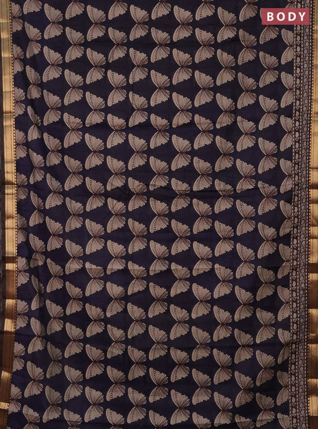 Semi maheshwari cotton saree navy blue and coffee brown with allover butterfly butta prints and zari woven border