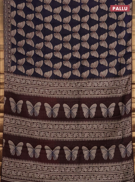 Semi maheshwari cotton saree navy blue and coffee brown with allover butterfly butta prints and zari woven border