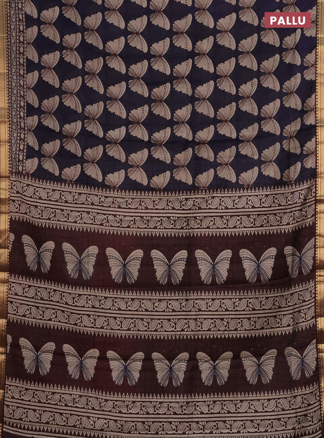 Semi maheshwari cotton saree navy blue and coffee brown with allover butterfly butta prints and zari woven border